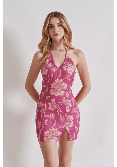 Rabia Çelik Kadın Pembe Boyundan Bağlamalı Yırtmaçlı Çiçek Desenli Mini Elbise Pembe Pembe Rabia Çelik Kadın Pembe Boyundan Bağlamalı Yırtmaçlı Çiçek Desenli Mini Elbise Pembe Pembe