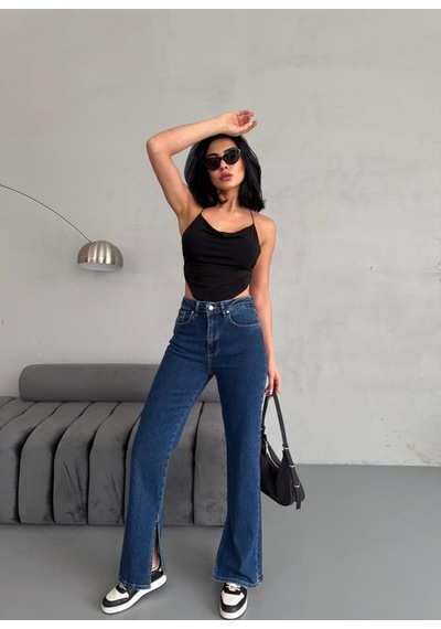 Yırtmaç Detaylı Boru Paça Dark Blue Lycra Jean Mavi+dark