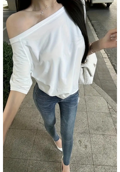 Lacivert Beyaz Siyah 3lü Paket Kadın Düşük Omuz Kayık Yaka Oversize T-shirt Siyah