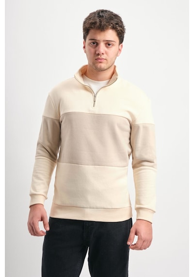 We&me Regular Fit Yarım Fermuarlı Dik Yaka Renk Bloklu Sweatshirt Krem