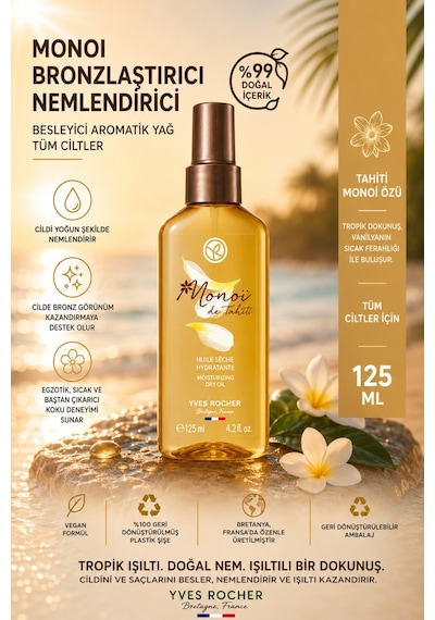 Monoi De Tahiti Saf Özlü Bronzlaştırıcı Nemlendirici Aromatik Kuru Vücut Yağı 125 Ml