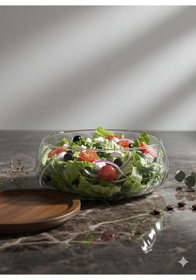 Morponi Borosilikat Cam Lüks Akasya Kapaklı Cam Kase - Sunumluk-salata Kasesi Dalgalı 18 Cm Şeffaf