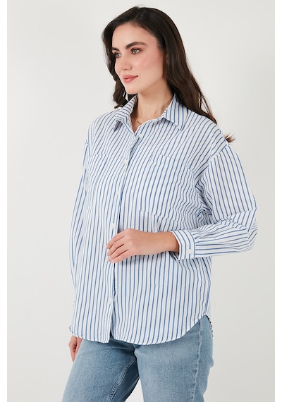 Lela Regular Fit Uzun Kollu Çizgili Bayan Gömlek 6772875 Indigo