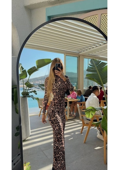Moderie Butik Kadın Leopar Desenli Sırt Dekoltelı Maxı Boy Elbise S