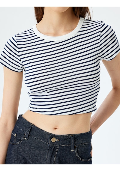 Koton Crop Bisiklet Yaka Kısa Kollu Slim Fit Tişört Lacivert Çizgili 5sal10192ık 7s2 Çok Renkli