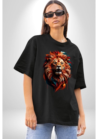 Renkli Kaplan Kükrüyor Pamuklu Bisiklet Yaka Unisex Oversize Boyfriend Dijital Baskılı Siyah T-shirt Siyah