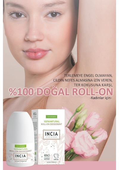 INCIA %100 Doğal Roll On Deodorant Kadınlar İçin Ter Kokusu Önleyici Leke Yapmayan 50 ML
