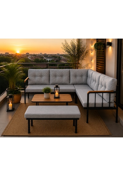 Riva Metal Bahçe Balkon Köşe Takımı Siyah Boyalı İskelet Keten Kumaş Süngerli 180x120 Cm Açık Gri Riva Metal Bahçe Balkon Köşe Takımı Siyah Boyalı İskelet Keten Kumaş Süngerli 180x120 Cm Açık Gri