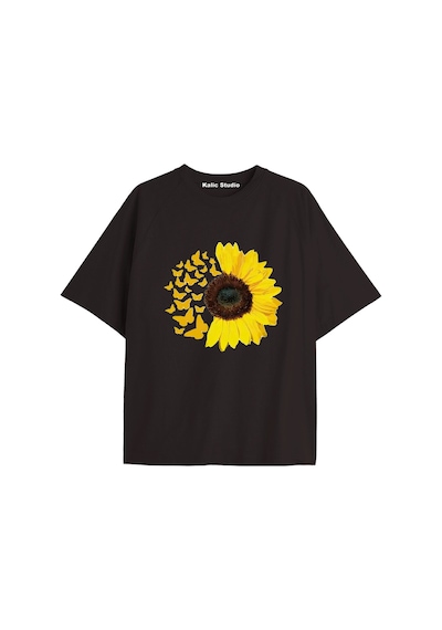 Kalic Studio Kadın Çiçek Özel Baskılı Renkli Oversize Penye Pamuklu Bisiklet Yaka T-shirt Siyah-1