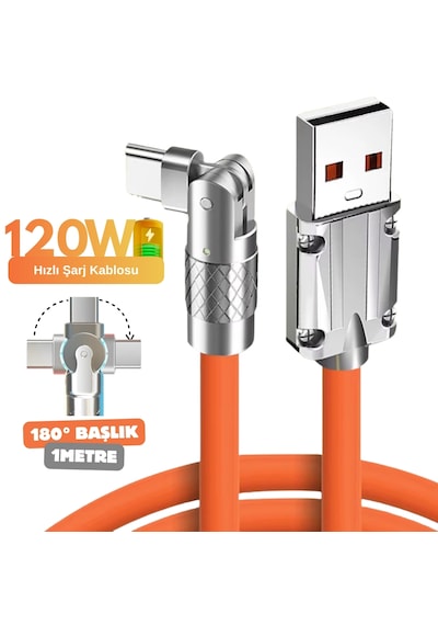 6015 Usb To Type C Hızlı Şarj Data Kablosu Çevirici Dönüştürücü Adaptör 180 Döner 120w 1m
