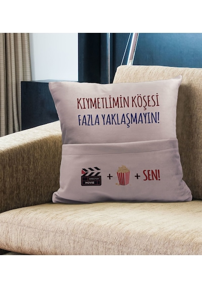 Bk Gift Eğlenceli Tasarımlı Organizer Kumanda Ve Atıştırmalık Cepli Pembe Kırlent Yastık- 9, Ev Dekoru, Ev Hediyesi Sarı