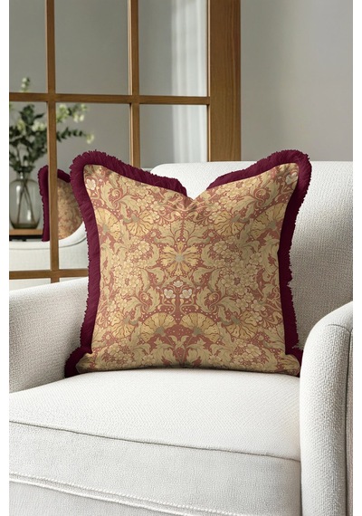 Saray Ihtişamı Saçaklı Yastık Kılıfı - Vintage Lüks Bohem Bordo Altın Renkli Püsküllü Kırlent Kılıfı Göl Çiçeği