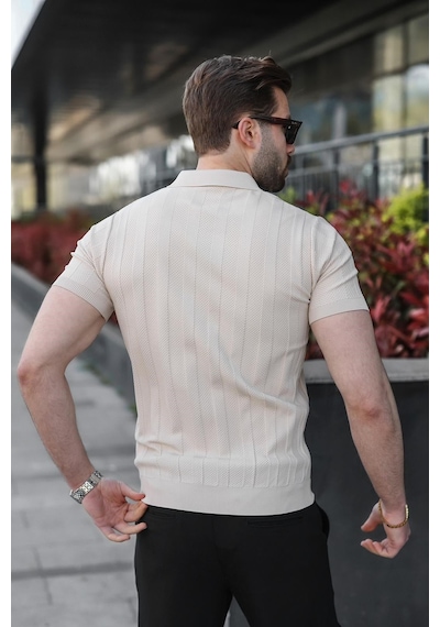Madmext Taş Rengi Slim Fit Polo Yaka Triko Erkek Tişört E7491