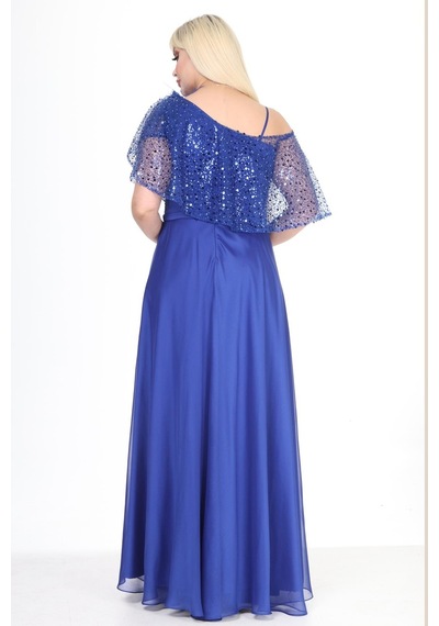 Ladies First Büyük Beden 3858 Saks Uzun Abiye Elbise 001