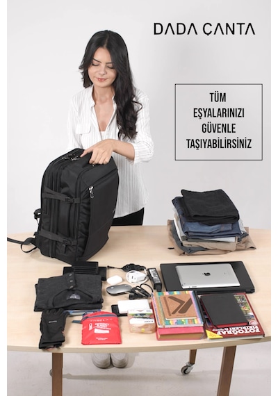 Körüklü Laptop Sırt ve Seyahat Çantası 15,6 İnç 40 Litre Usb Su Geçirmez Kumaş Siyah Dada 12