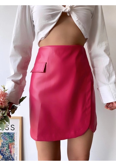 Defymoda Cep Detaylı Oval Kapaklı Deri Etek Fuşya H240048 Fuşya