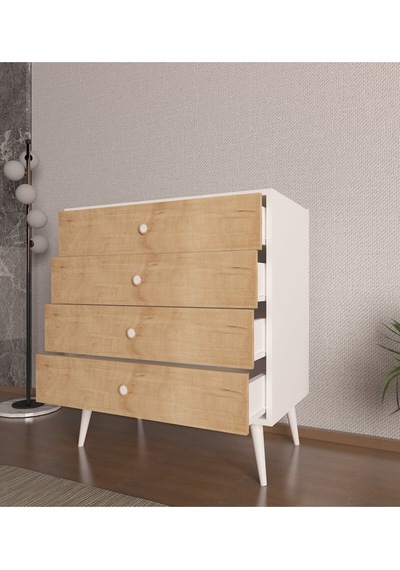 Floradesign Luna Şifonyer / Çok Amaçlı Dolap/ Çekmeceli Şifonyer / Kapaklı Şifonyer / 4 Çekmeceli Şifonyer Meşe/beyaz