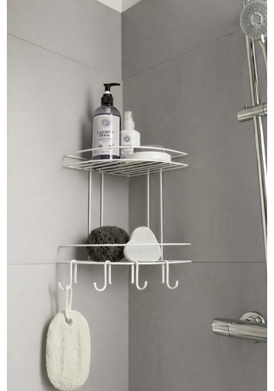 Sas Haus Banyo Köşe Rafı Askılı Duş Organizeri Ve Şampuanlık 2 Katlı Beyaz Ek-02 Beyaz