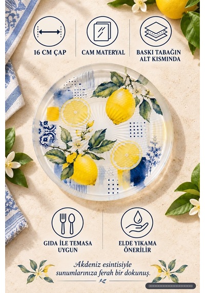 6 Lı Cam Tatlı Tabağı Limon Desenli Mavi Akdeniz Esintili 16 Cm, 6 Adet Tatlı Tabağı