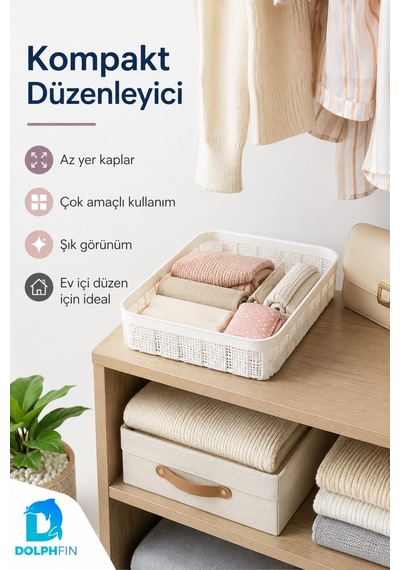 Jute Çok Amaçlı Sepet 2,5 L Mutfak Banyo Dolap İçi Saklama Organizeri 25x19x6,5 Cm beyaz