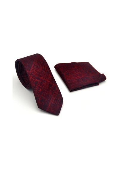 Gaffy Lacivert Kırcıl Desenli Bordo Dokuma Kumaş Mendilli Slim Fit Kravat // Sdk-2610-4 Bordo