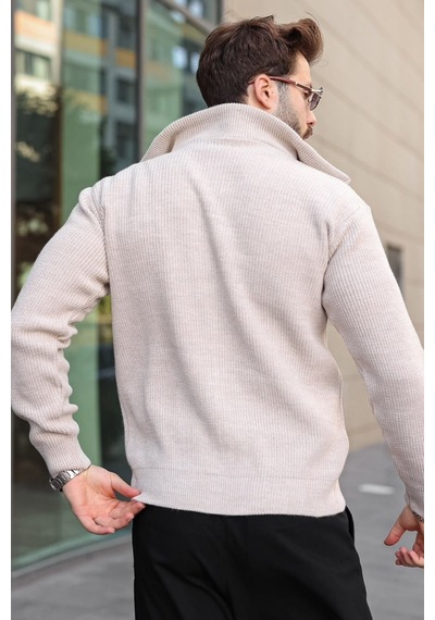 Madmext Taş Rengi Fermuarlı Dik Yaka Erkek Triko Hırka E7529