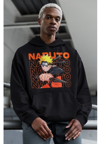 Sevbano Naruto Uzumaki Baskılı Unisex Oversize Naruto Anime Karakter Hood Siyah