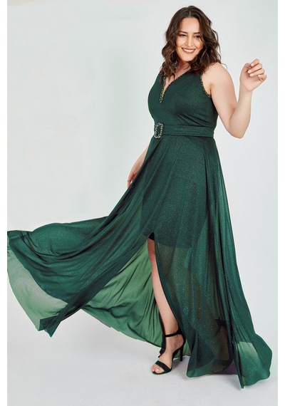 Ladies First Büyük Beden 3494 Zümrüt Uzun Abiye Elbise 001