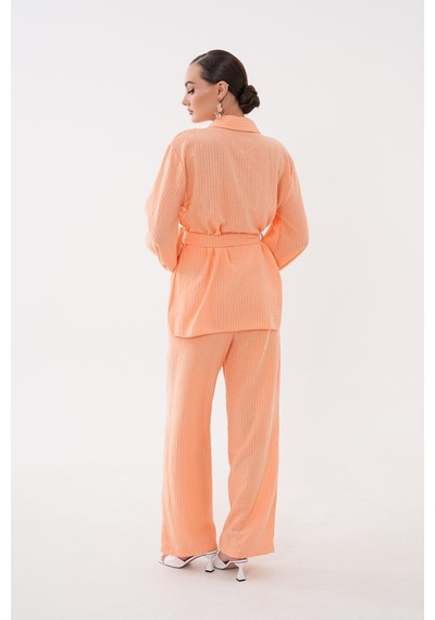 Diemmood Kadın Çizgili Kemer Detaylı Gömlek - Pantolon Turuncu Yazlık Takım