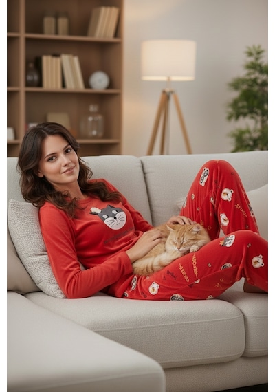 Lela Desenli Regular Fit Bisiklet Yaka Uzun Kollu Bayan Pijama Takımı 65713312 Kırmızı Lela Desenli Regular Fit Bisiklet Yaka Uzun Kollu Bayan Pijama Takımı 65713312 Kırmızı