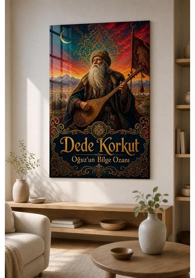 Dede Korkut Temalı Baskılı Cam Tablo Türk Kültürü Dekoratif Duvar Tablosu