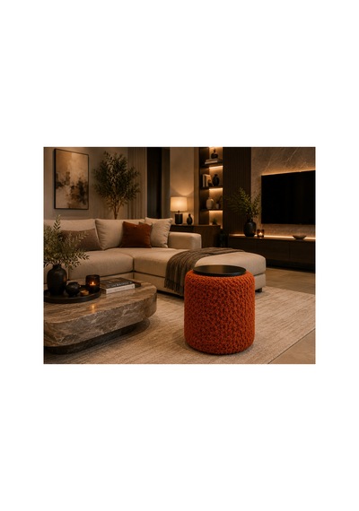 Premium Ahşap Üstlü Yuvarlak Bukle Puf Modern Turuncu - 878843025 Turuncu