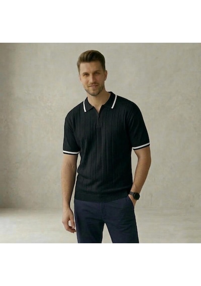 Fermuarlı Polo Yaka Kısa Kollu Triko T-shirt SIYAH