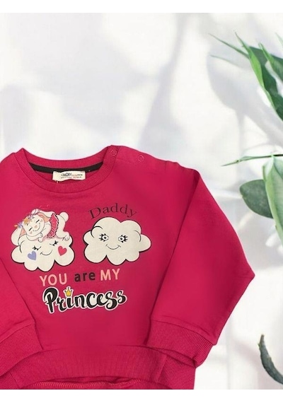 Zekids Kız Bebek Dady Yazılı Bulut Baskılı Pamuklu Sweat-14461 Fusya