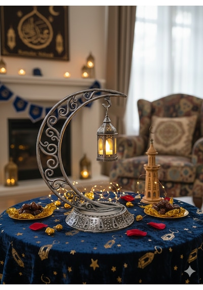 Dekoratif 28 Cm Hilal Eskitme Gümüş Ramazan Led Lamba 10 Cm Kancalı Set Diğer