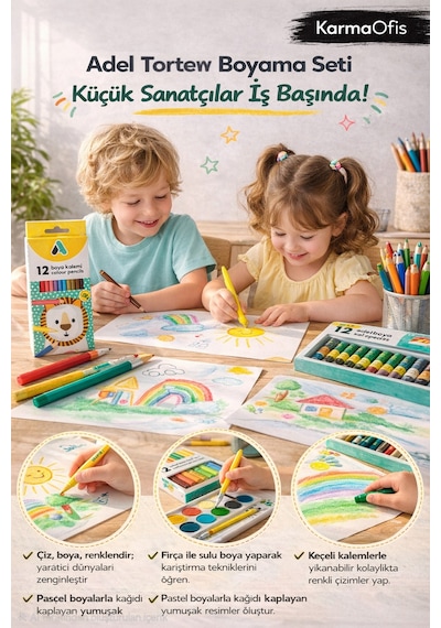4 Lü Boyama Seti 12 Li Boya Kalemi + Keçeli Kalem+sulu Boya+pastel Boya Yaratıcı Boyama Seti