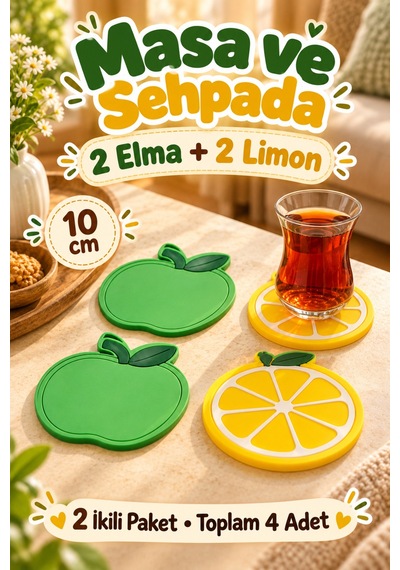 4'lü Elma Limon Desenli Bardak Altlığı Set 10cm Kahve Çay Fincan Altlığı Renkli Masa Sunum Aksesuarı Çok Renkli