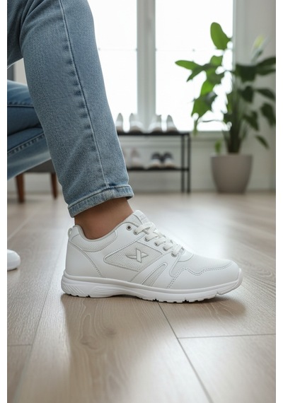 Enoch Unisex Beyaz Yüksek Tabanlı Bağcıklı Yürüyüş Ve Koşu Spor Ayakkabı Günlük Sneaker Beyaz