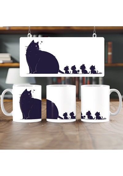 Siyah Kedi Ailesi Tasarım Kupa Bardak - Minimal Kedi Figürlü Hediye Bardak Beyaz