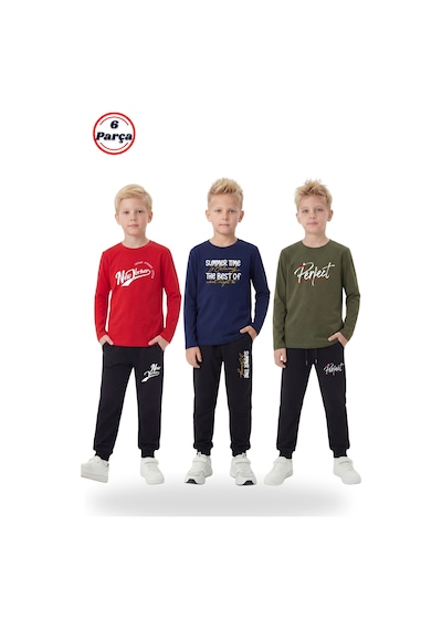 Panios Kids 3'lü Yuvarlak Yaka Sweatshirt Siyah Eşofmanlı Baskı Detaylı 6 Parça Erkek Çocuk Alt Üst Takım Kırmızı - Lacivert