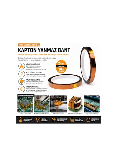 Kapton Yanmaz Bant Yüksek Isıya Dayanıklı Isı Bandı 2mm X 30 Metre