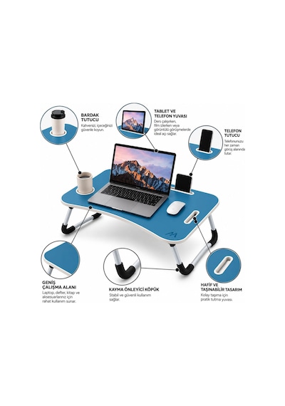 Muıtomas Katlanabilir Bardaklıklı Laptop Masası Mavi