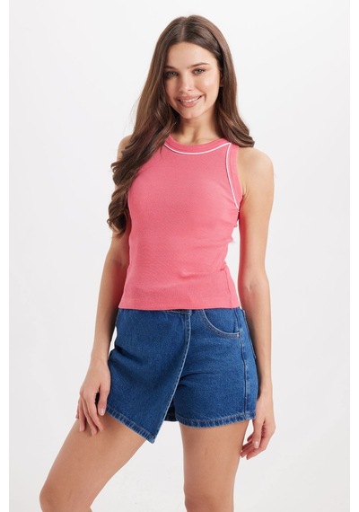 Tudors Kadın Slim Fit Dar Kesim Pamuklu Askılı Bisiklet Yaka Biyeli Pembe Crop Atlet-50981