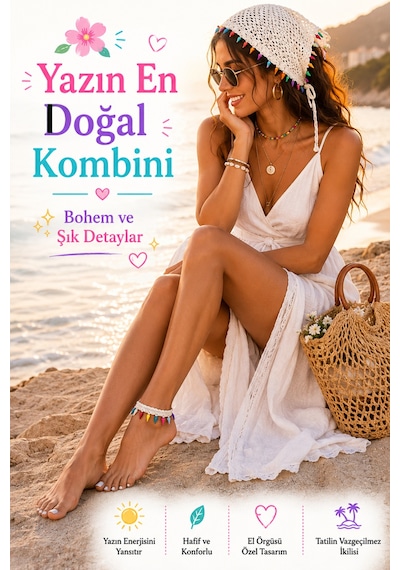 Kadın El Örgüsü Üçgen Bandana Halhal Ayak Bilekliği Hediyeli Bohem Yazlık Saç Bandanası Plaj Tatil Festival Aksesuarı Beyaz