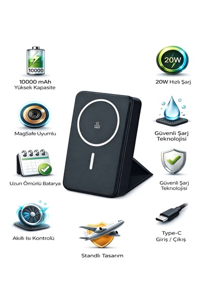 10000mah 20w Wireless Magsafe Kablosuz Powerbank Lüx Deri Standlı Taşınabilir Hızlı Şarj siyah