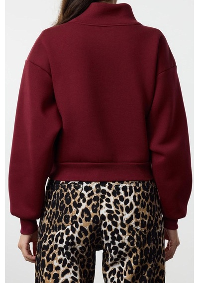 Ersefa Fitted Fermuarlı Yaka Crop Rahat Kesim Crop Basic Fermuarlı Kalın Bordo
