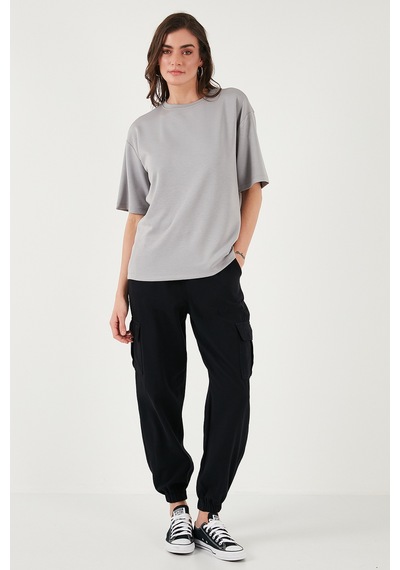 Lela Streç Oversize Fit Bisiklet Yaka Bayan T Shirt 5865911 Gri