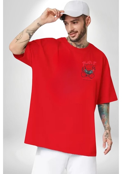 Gerçeklikten Uzak Tutun Kırmızı Oversize Unisex Ön Ve Sırt Baskılı Tişört Kırmızı