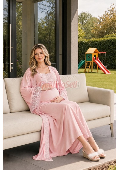 Lady Pembe Renk Dantel Detaylı 33501 Sabahlıklı 2li Hamile Gecelik Takım Set Açık Pembe