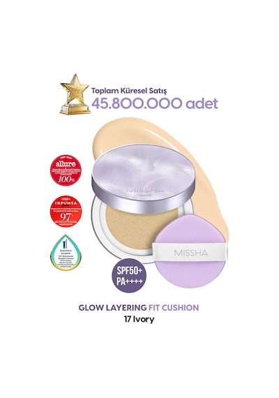 Missha Yoğun Kapatıcı, Nemli Ve Parlak Bitişli Cushion Glow Layering Fit Cushion No.17 Ivory Spf50+/pa++++ 17